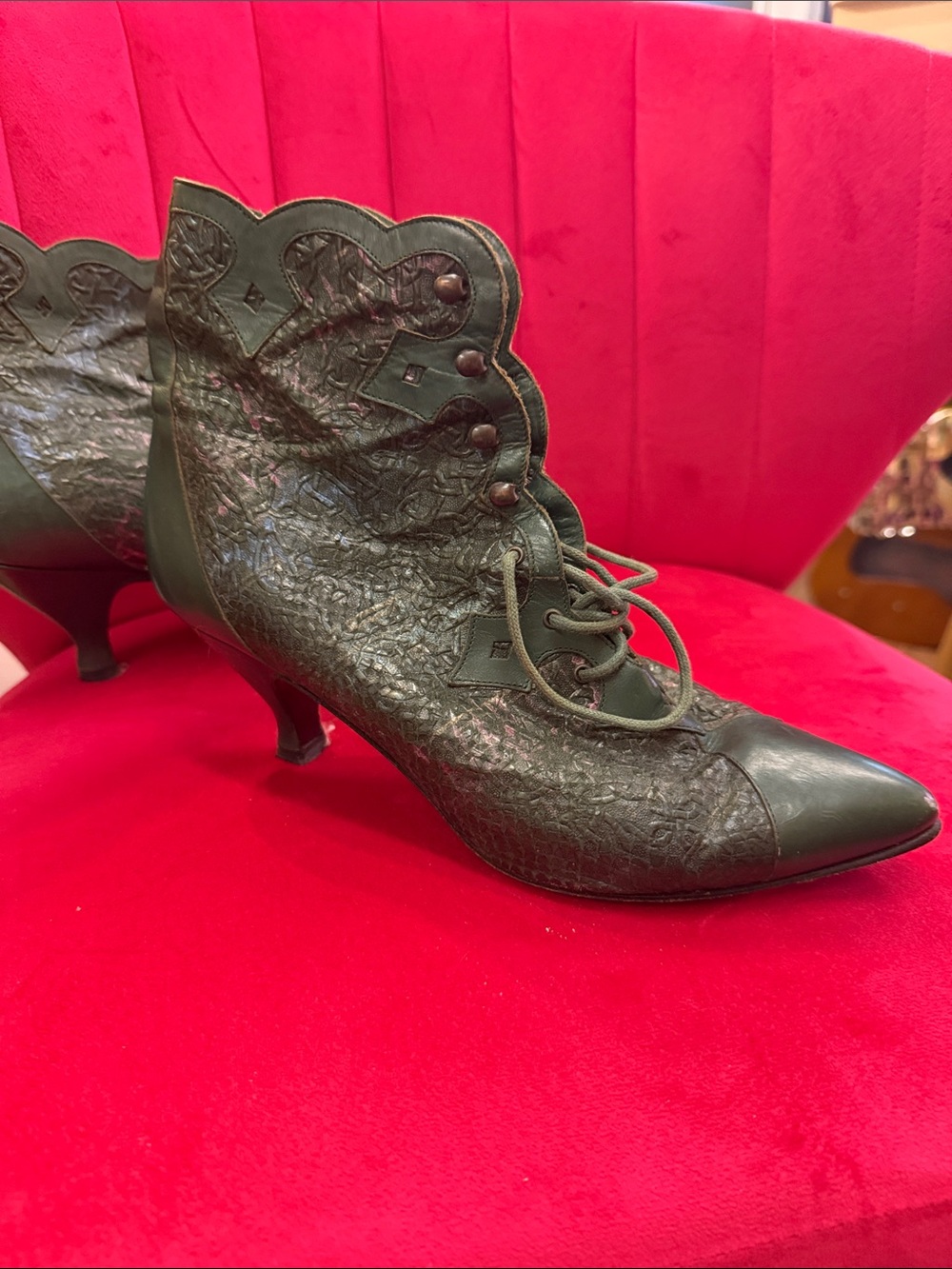 Vintage Peter Fox Dark Green Lace-Up Victorian-Inspired Women's Ankle Boots